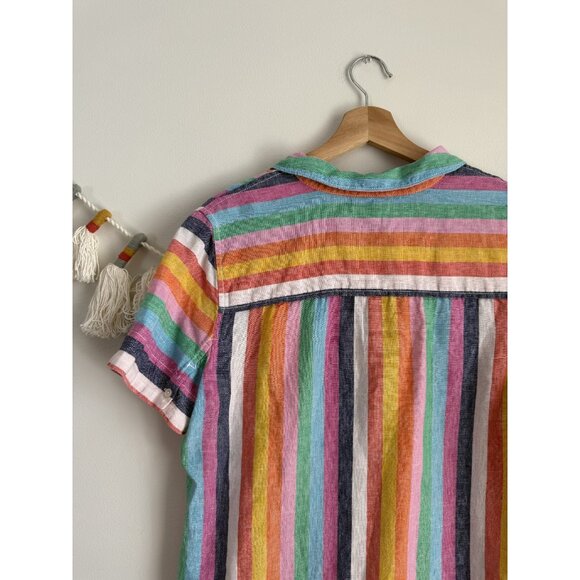 J. Crew 100% Linen Multicolor Rainbow V-Neck Short Sleeve Top Coastal Beachy S - Picture 7 of 9